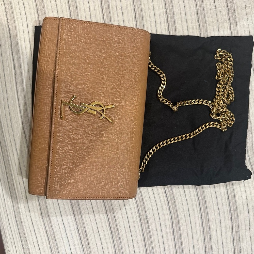 Saint Laurent Brown Leather Crossbody with Gold Chain